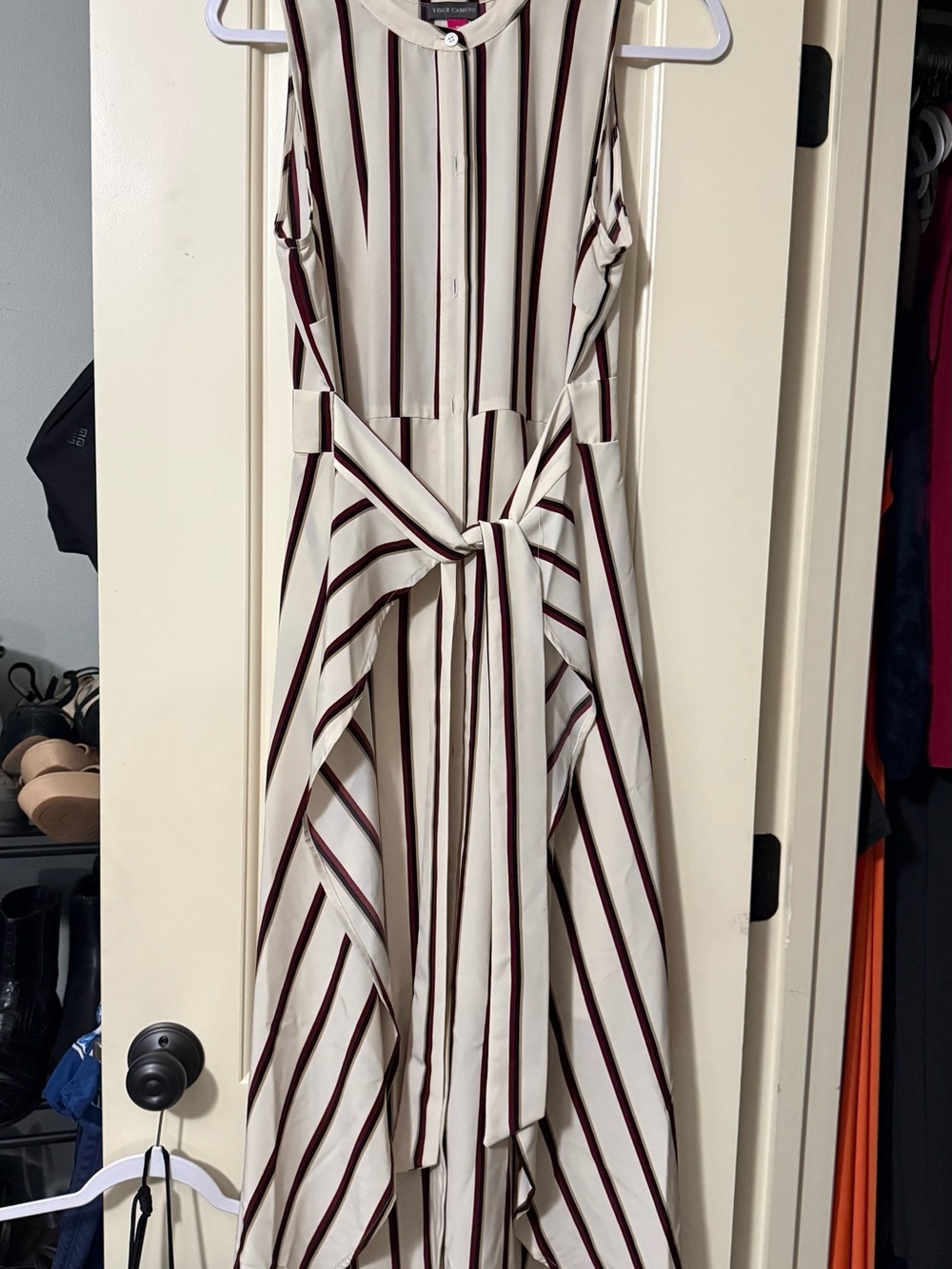Striped Asymmetrical Tie-Waist Dress in Cream and Burgundy